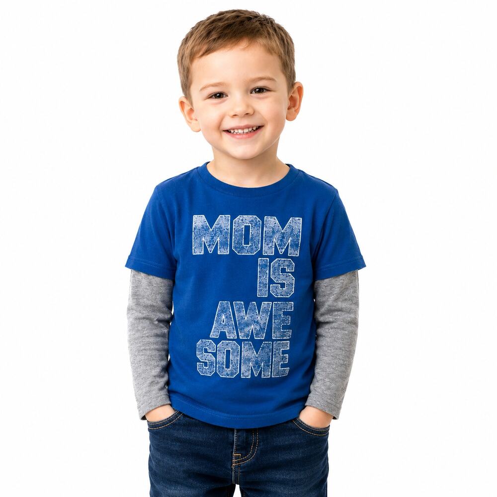 Garanimals Boys 4T Blue Graphic Long Sleeve Shirt "Mom Is Awesome" Layered Look